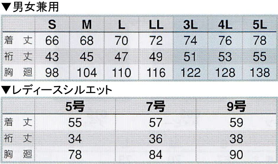 サイズ表／※裄丈（ゆきたけ）は首の後から袖までの長さの事です。