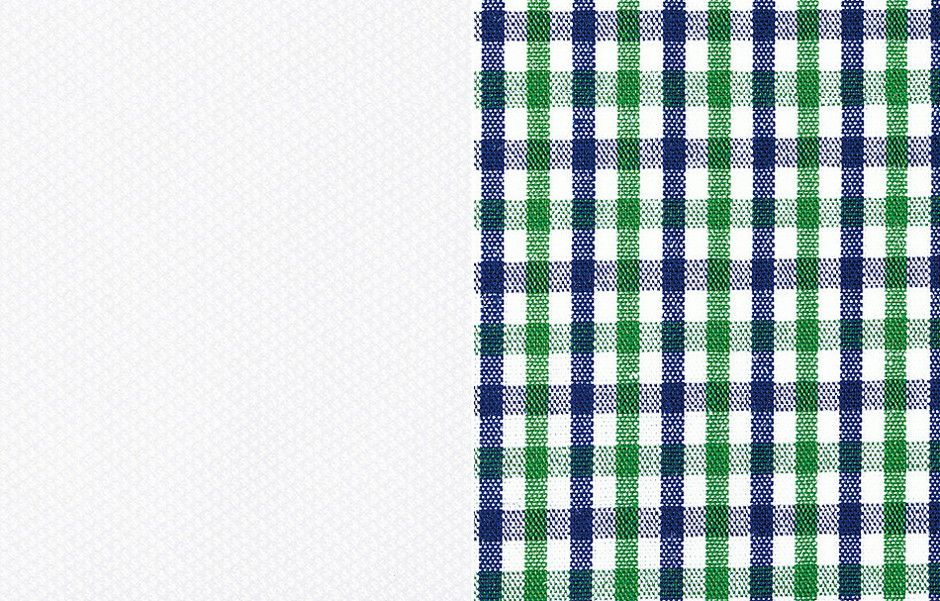 （左画像）ホワイト生地アップ画像　（右画像）エリ/裾部分チェック生地アップ画像