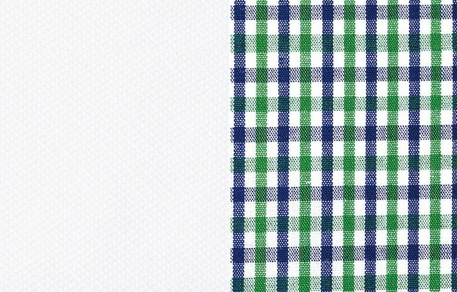 （左画像）ホワイト生地アップ画像　（右画像）エリ/裾部分チェック生地アップ画像