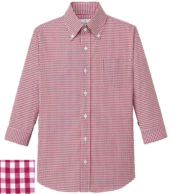 レッド（赤色）＃C2／7分袖丈のチェック柄ボタンダウンワイシャツ