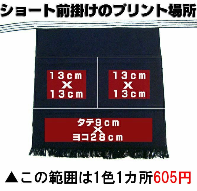 ショート前掛けのプリント範囲・その１<br>▲この範囲だと1色1カ所￥605円（税込み）でプリントが可能です。