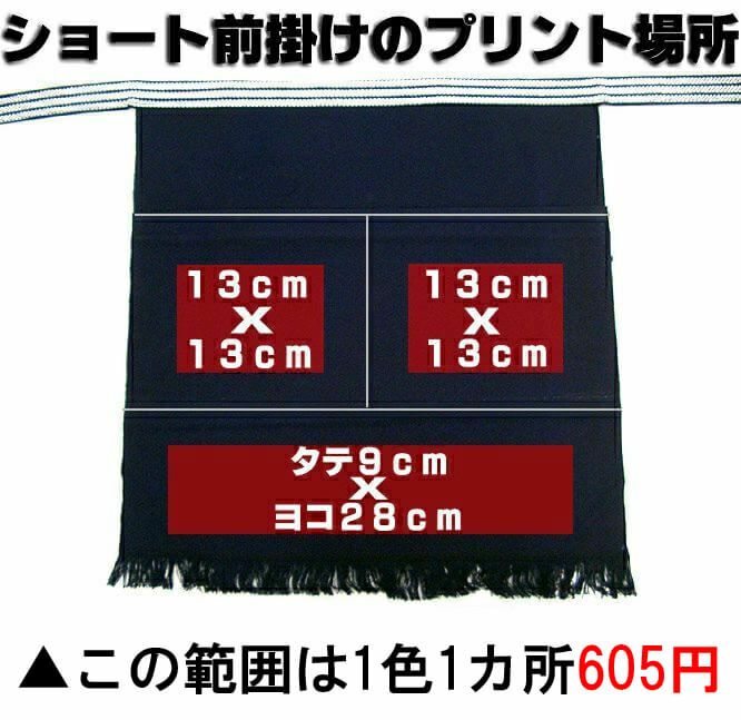 ショート前掛けのプリント範囲・その１<br>▲この範囲だと1色1カ所￥605円（税込み）でプリントが可能です。