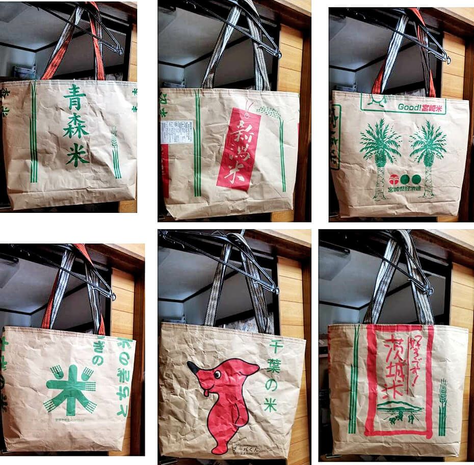 ▲ハンドメイドバッグ職人『しらきこ』様が米袋バッグの持ち手部分に弊社で購入いただいた酒屋前掛け紐を採用いただいたお写真を紹介です。<br>米袋のデザインを生かした可愛いバッグが印象的です♪<br>https://www.instagram.com/shirakiko/