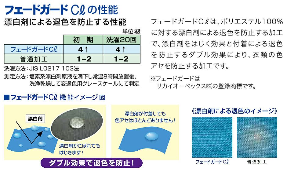 フェードガードClにより漂白剤に強いエプロンです。