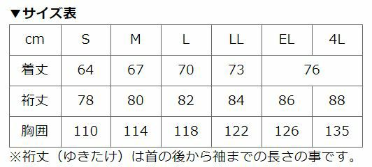 サイズ表／※裄丈（ゆきたけ）は首の後から袖までの長さの事です。