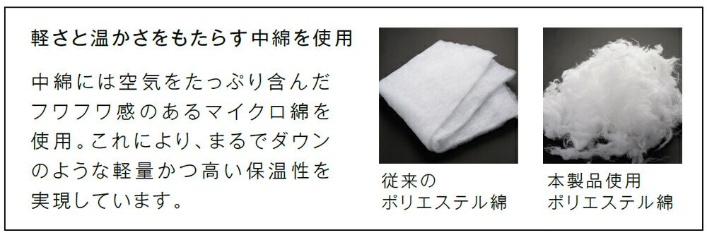 軽さと暖かさをもたらす中綿を使用
