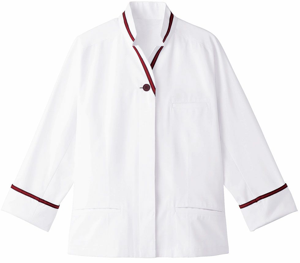 ホワイト×ワイン／【女性用・制電】ライン入り・7分袖コックコート [SUN-ET1342]