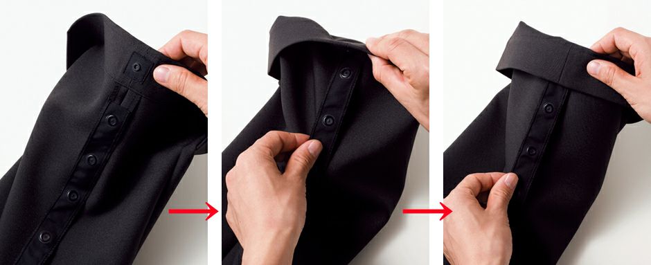 裾上げ方法/裾上げテープなどの手間と時間のかかる裾上げとは違い、ワンタッチでできるのが特徴。着用者の股下サイズに合わせて5段階、最大12?Bの調整が可能なので買い替えも必要なくなります。