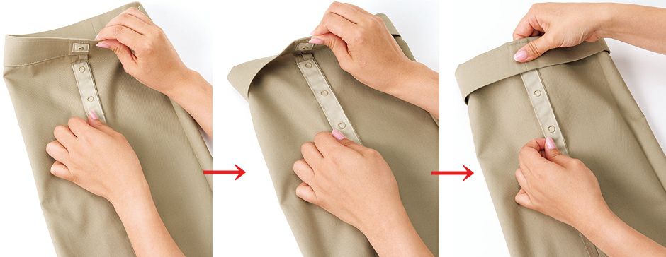 手間と時間のかかる裾上げテープなどの裾上げとは違い、ワンタッチでできるのでラクラク。着用者の股下サイズに合わせて5段階、最大12?Bの調整が可能なので作業内容によって裾が汚れないように上げたり、その都度調整が自由に出来るので大変便利です。