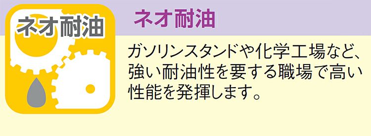 ネオ耐油の説明画像／ガソリンスタンドや化学工場で採用される事が多いです！／耐油性とは滑りにくいという意味ではなく、油が付いても劣化しにくいという意味。