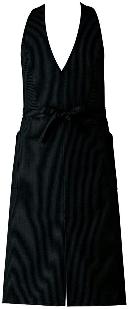 ストライプ柄・首掛け胸当てエプロン　ブラック