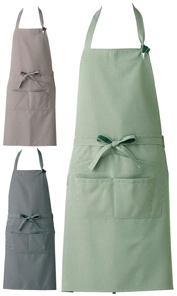 【制電素材】ストライプ柄首掛け胸当てエプロン