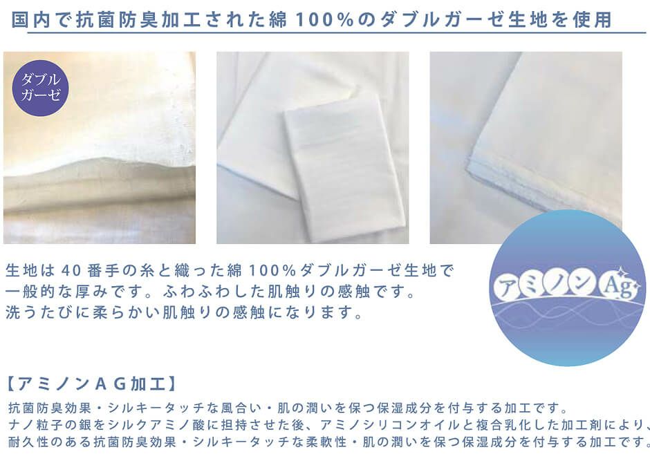 生地の説明画像です。<br>日本製の抗菌防臭加工が効いた綿100％のガーゼ生地を採用いたしております。