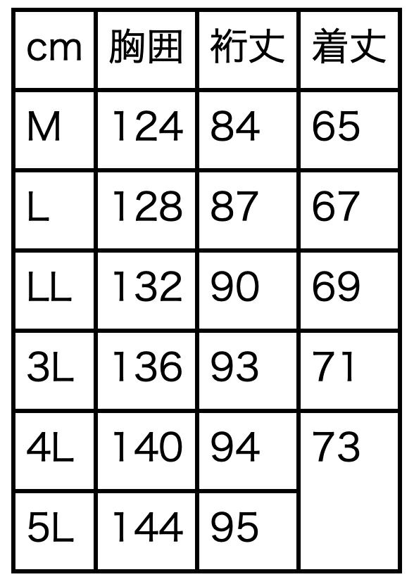 サイズ表<br>裄丈（ゆきたけ）は首の後ろから袖先までの長さ。