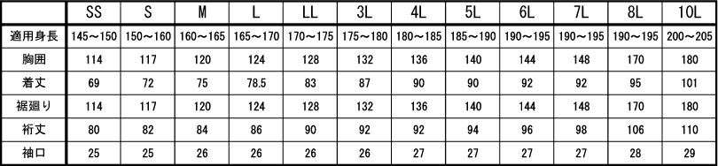 サイズ表　※SS～7Lは5色展開、8L・10Lはネイビーのみの生産です。