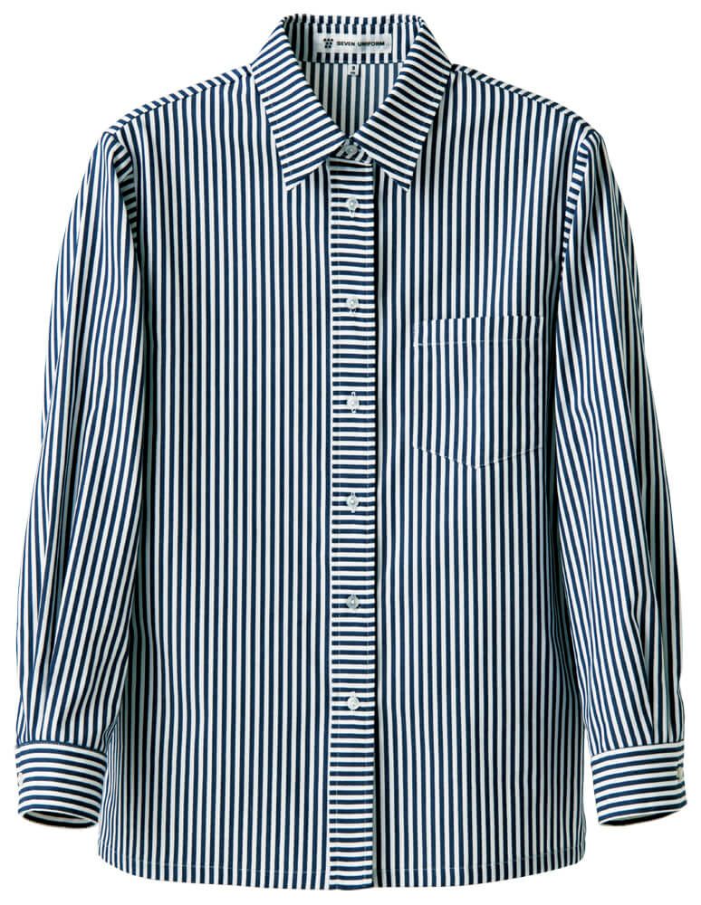 【女性用】長袖ストライプシャツ [7-CH1728]　ホワイト×ブルー（ストライプ）＃1