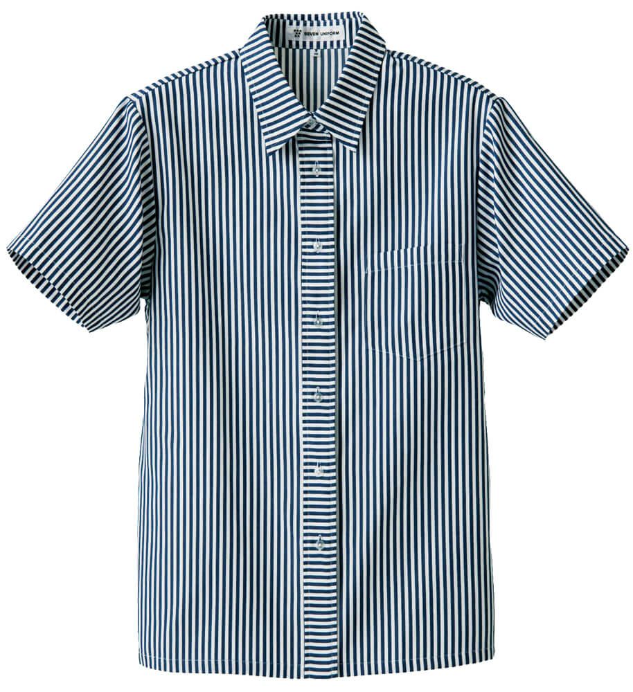 【女性用】半袖ストライプシャツ [7-CH1666]　ホワイト×ブルー＃1