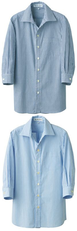 【スキッパーカラー】7分袖ストライプシャツ（男女兼用）[7-CH4462]