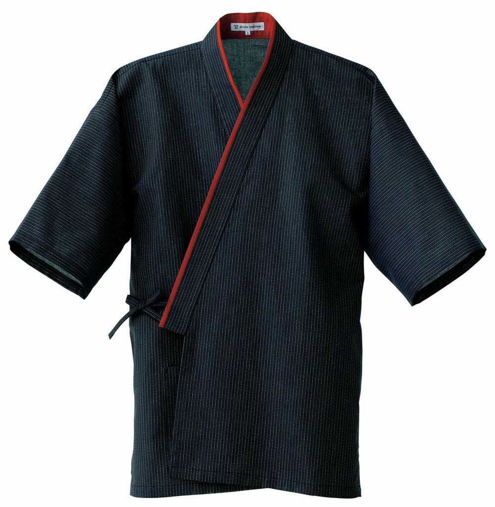 作務衣シャツ [7-EA3034]　藍ストライプ×朱＃1