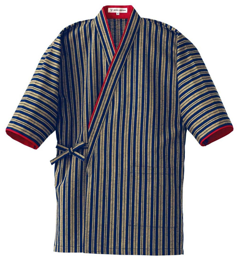 ハッピーコート作務衣 [7-BC1362]　濃紺縞×朱＃7