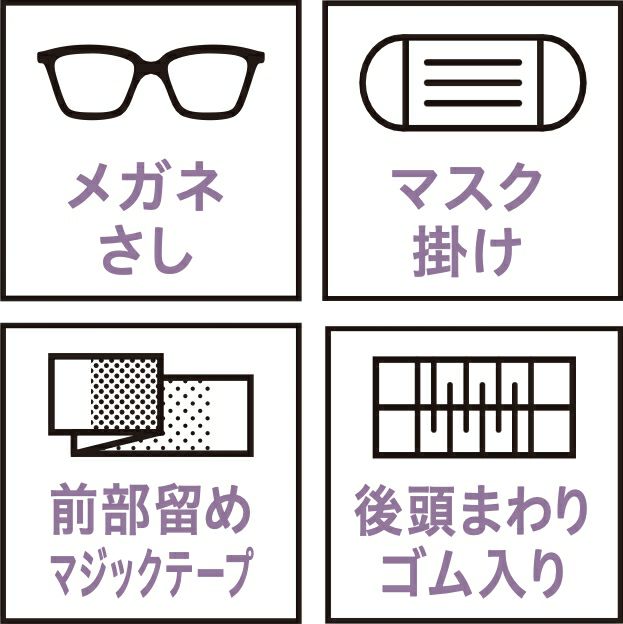 メガネさし・マスク掛け・前部留めマジックテープ・後頭まわりゴム入り