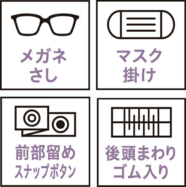 メガネさし・マスク掛け・前部留めスナップボタン・後頭まわりゴム入り