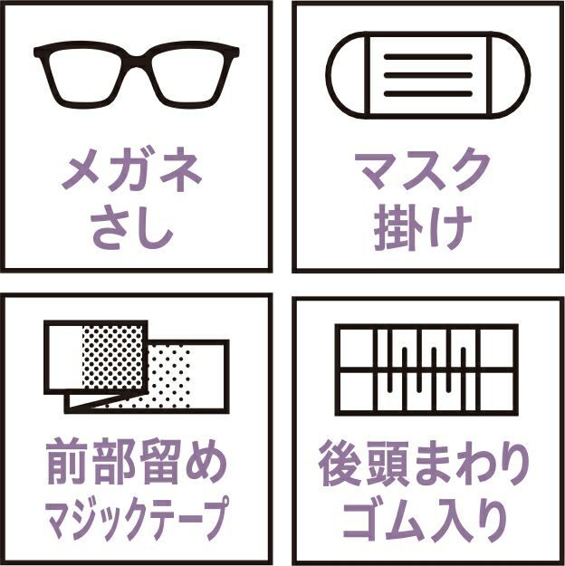 メガネさし・マスク掛け・前部留めマジックテープ・後頭まわりゴム入り