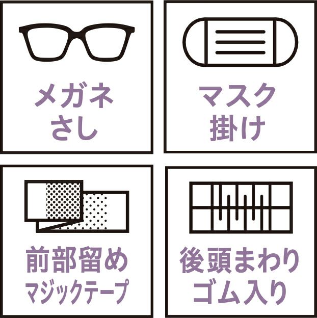 メガネさし・マスク掛け・前部留めマジックテープ・後頭まわりゴム入り