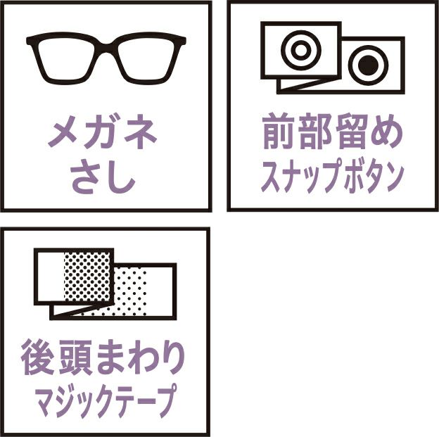 メガネさし・前部留めスナップボタン・後頭まわりマジックテープ