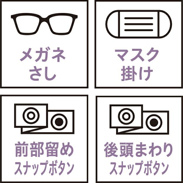 メガネさし・マスク掛け・前部留めスナップボタン・後頭まわりスナップボタン