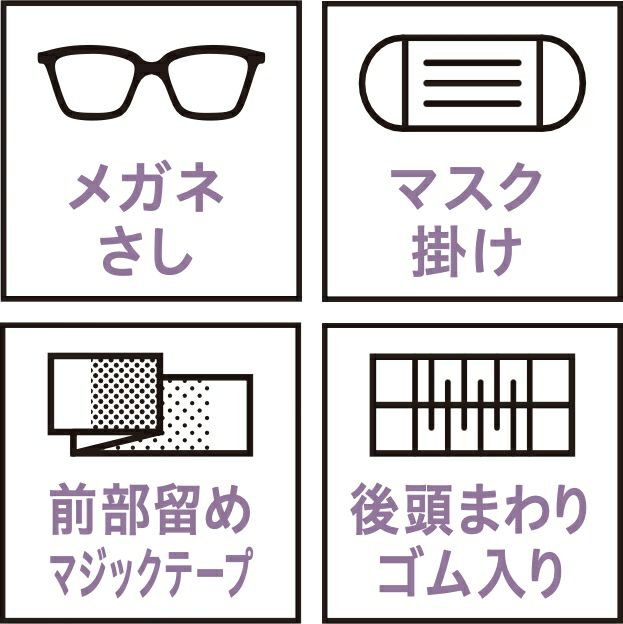 メガネさし・マスク掛け・前部留めマジックテープ・後頭まわりゴム入り