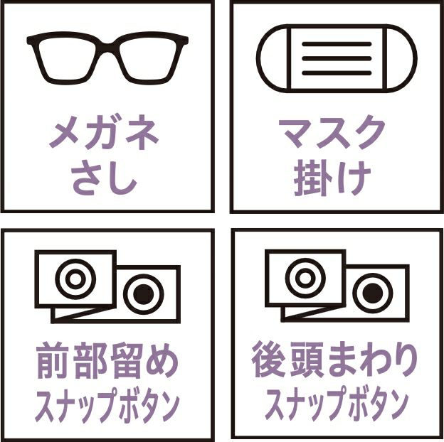 メガネさし・マスク掛け・前部留めスナップボタン・後頭まわりスナップボタン