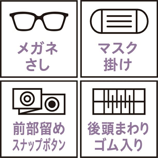 メガネさし・マスク掛け・前部留めスナップボタン・後頭まわりゴム入り