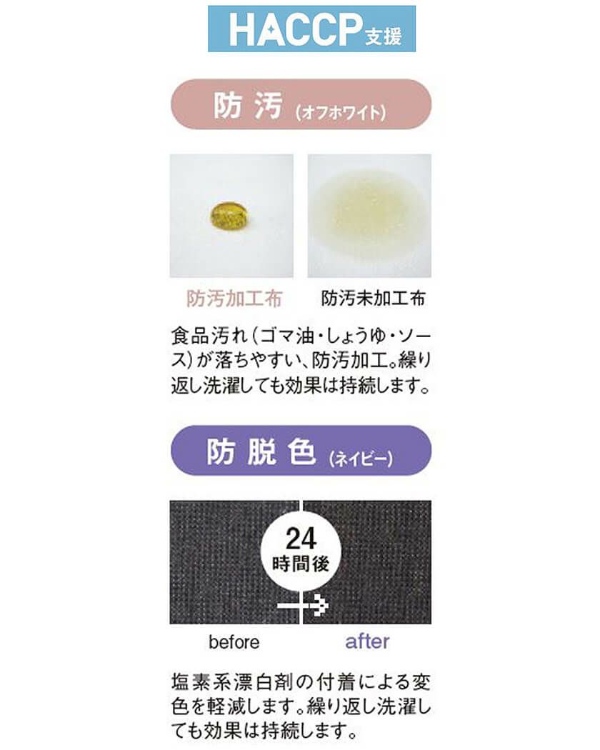 防脱色(ネイビー)<br>塩素系漂白剤の付着による変色を軽減します。繰り返し洗濯しても効果は持続します。