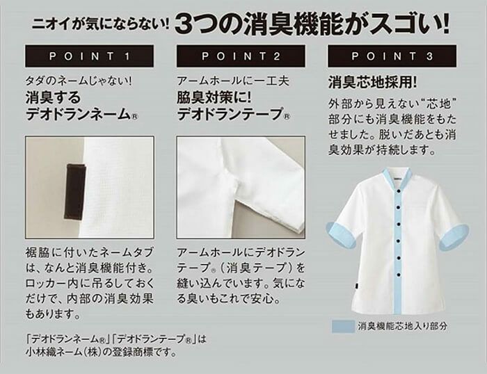 3つの消臭機能<br>消臭芯地採用<br>外部から見えない“芯地”部分にも消臭機能をON。<br>※消臭機能芯地入り部分