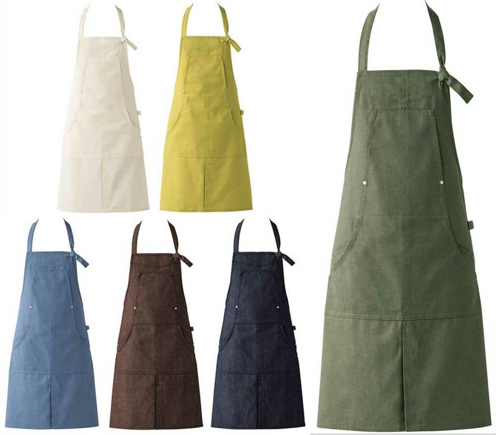 【麻調デニム】丈夫・腰紐バックル首掛けエプロン