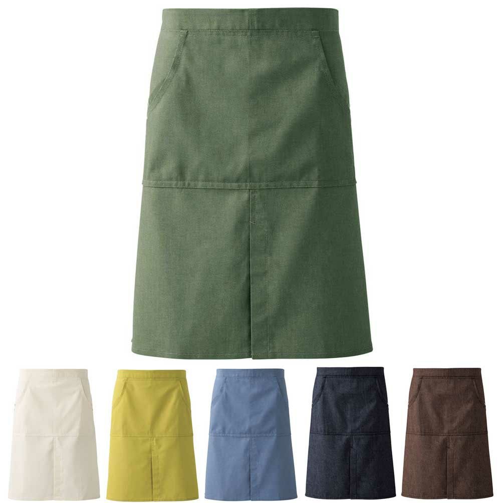 【麻調デニム】丈夫・腰紐バックルミドルエプロン