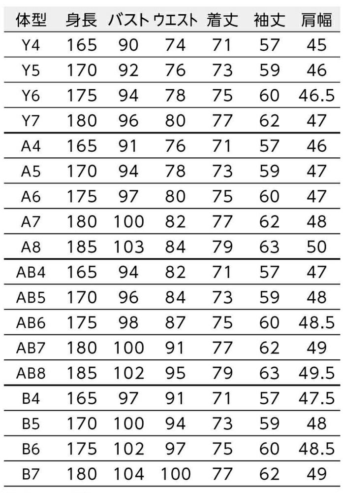 ゆるみ寸法：Y体・A体=バスト15cm・ウエスト17cm／AB体・B体=バスト16cm・ウエスト17cm