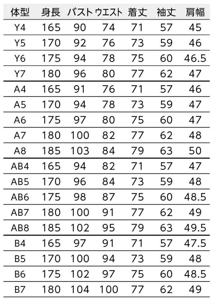 ゆるみ寸法：Y体・A体=バスト15cm・ウエスト17cm／AB体・B体=バスト16cm・ウエスト17cm