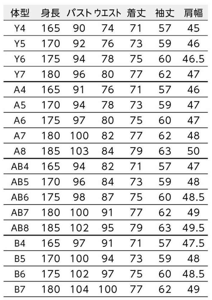 ゆるみ寸法：Y体・A体=バスト15cm・ウエスト17cm／AB体・B体=バスト16cm・ウエスト17cm
