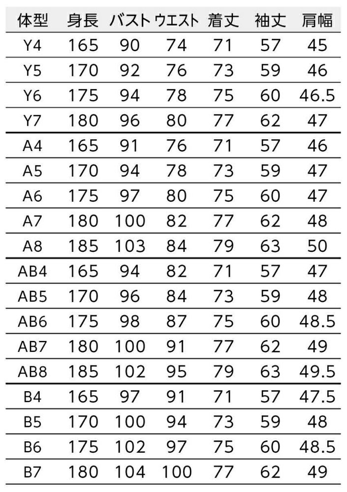 ゆるみ寸法：Y体・A体=バスト15cm・ウエスト17cm／AB体・B体=バスト16cm・ウエスト17cm