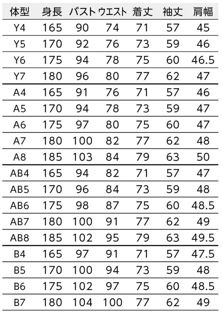 ゆるみ寸法：Y体・A体=バスト15cm・ウエスト17cm／AB体・B体=バスト16cm・ウエスト17cm