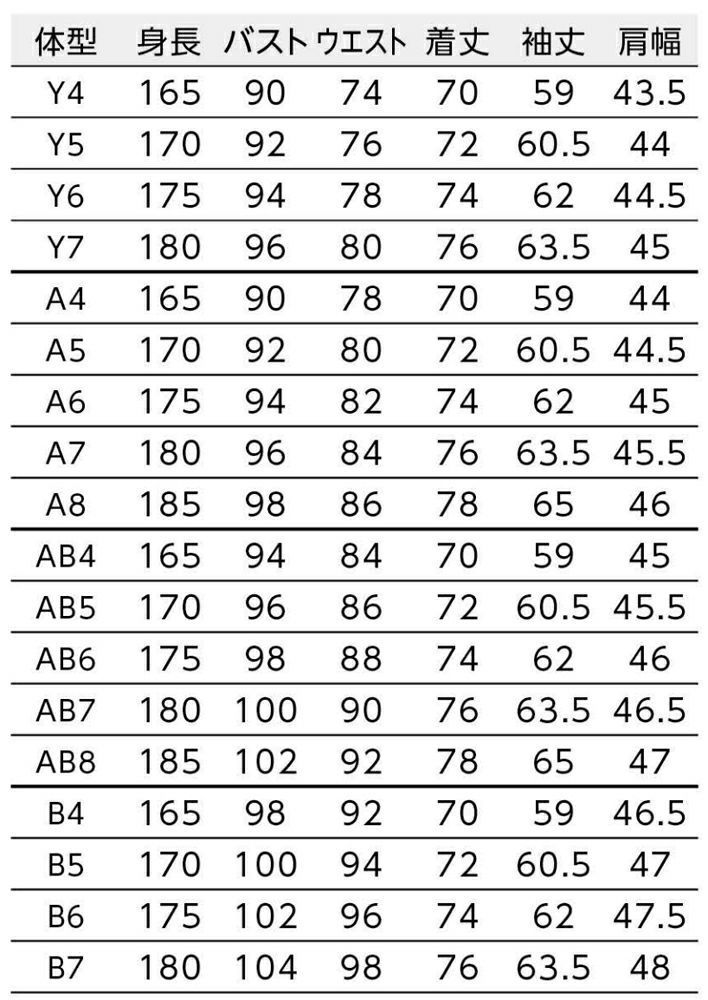 ゆるみ寸法：Y体=バスト12cm・ウエスト13cm／A体=バスト15cm・ウエスト13cm<br>AB体=バスト17cm・ウエスト14cm／B体=バスト18.5cm・ウエスト14cm