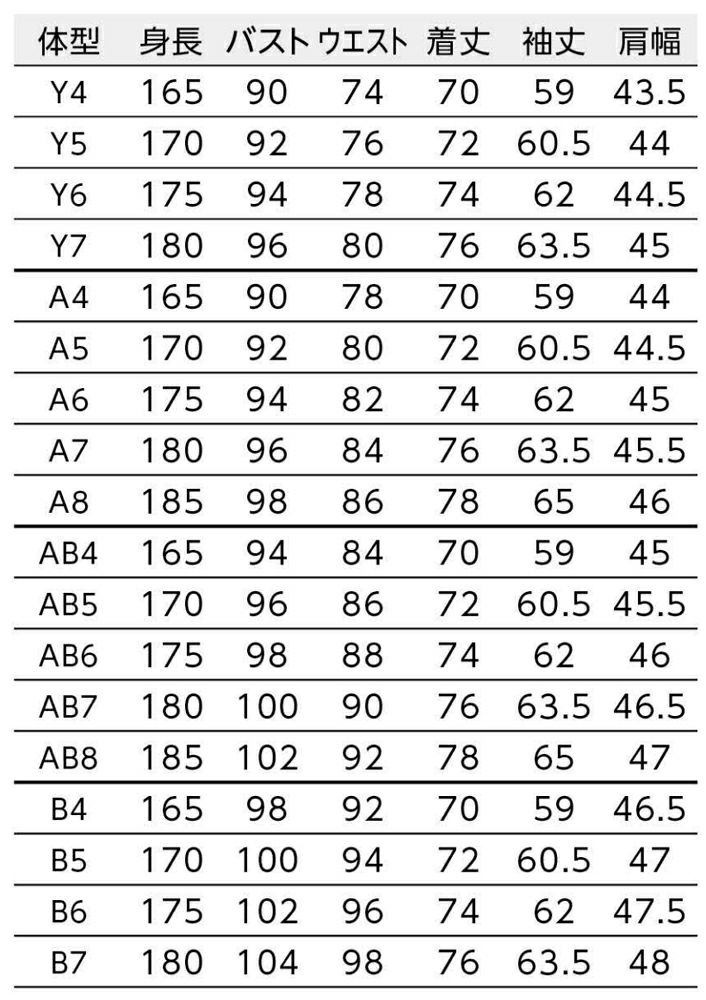 ゆるみ寸法：Y体=バスト12cm・ウエスト13cm／A体=バスト15cm・ウエスト13cm<br>AB体=バスト17cm・ウエスト14cm／B体=バスト18.5cm・ウエスト14cm