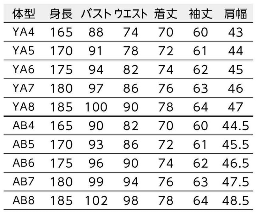 ゆるみ寸法：YA体=バスト15cm／AB体=バスト19cm