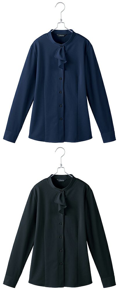 北陸の素材力 スーパーノーアイロン・長袖スタンドカラーフリルブラウス（ノーアイロン）（透け防止） [AZ-634221]