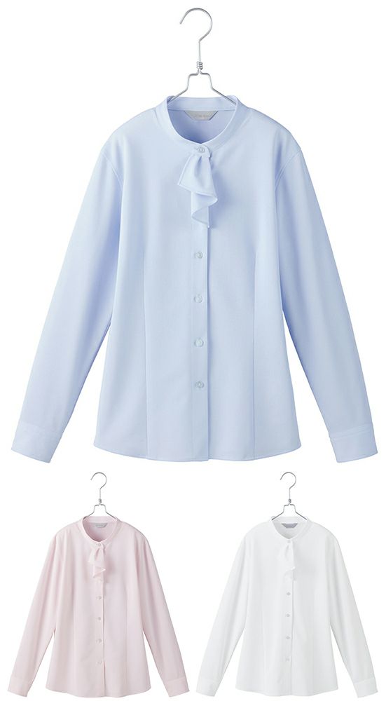 北陸の素材力 スーパーノーアイロン・長袖スタンドカラーフリルブラウス（ノーアイロン）（透け防止） [AZ-HCB4121]